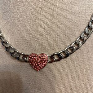 Silver Heart Necklace with Pink Accents